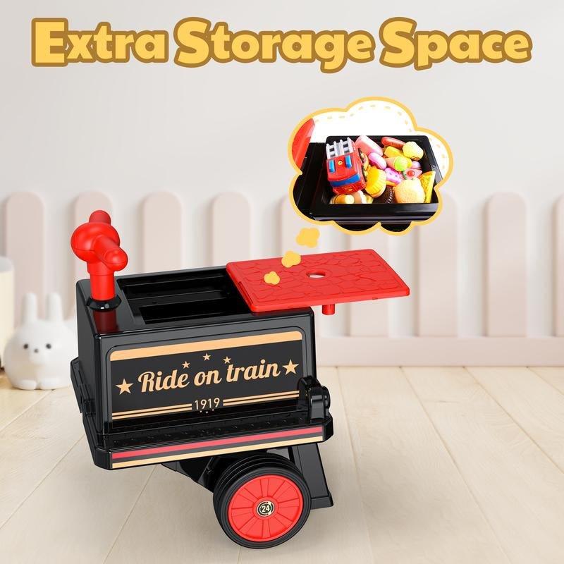 ANPABO 2-Seater Ride on Train Trackless, 12V Ride on Toy with Height-Adjustable Seat, Extra Storage, Headlight, Train Whistle & Music, Electric Car for Kids 3+ (Carriage Not Included)