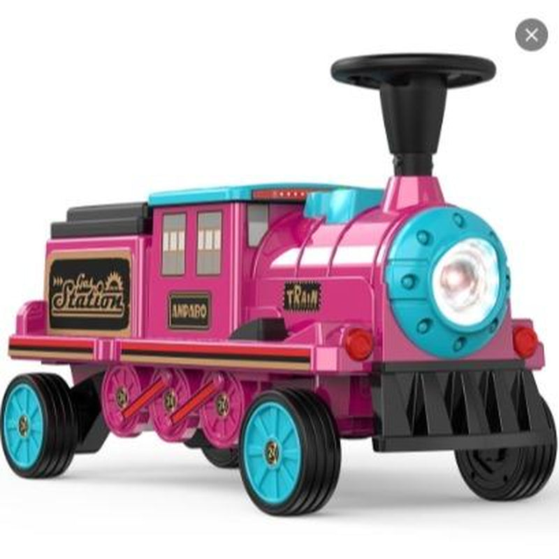 ANPABO 2-Seater Ride on Train Trackless, 12V Ride on Toy with Height-Adjustable Seat, Extra Storage, Headlight, Train Whistle & Music, Electric Car for Kids 3+ (Carriage Not Included)