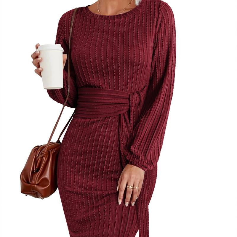 HOTOUCH Women'S Casual Knit Dress Long Lantern Sleeve Fall Bodycon Dress Crewneck Tie Waist Rib Knitted Sweater Dresses Lirika Matoshi