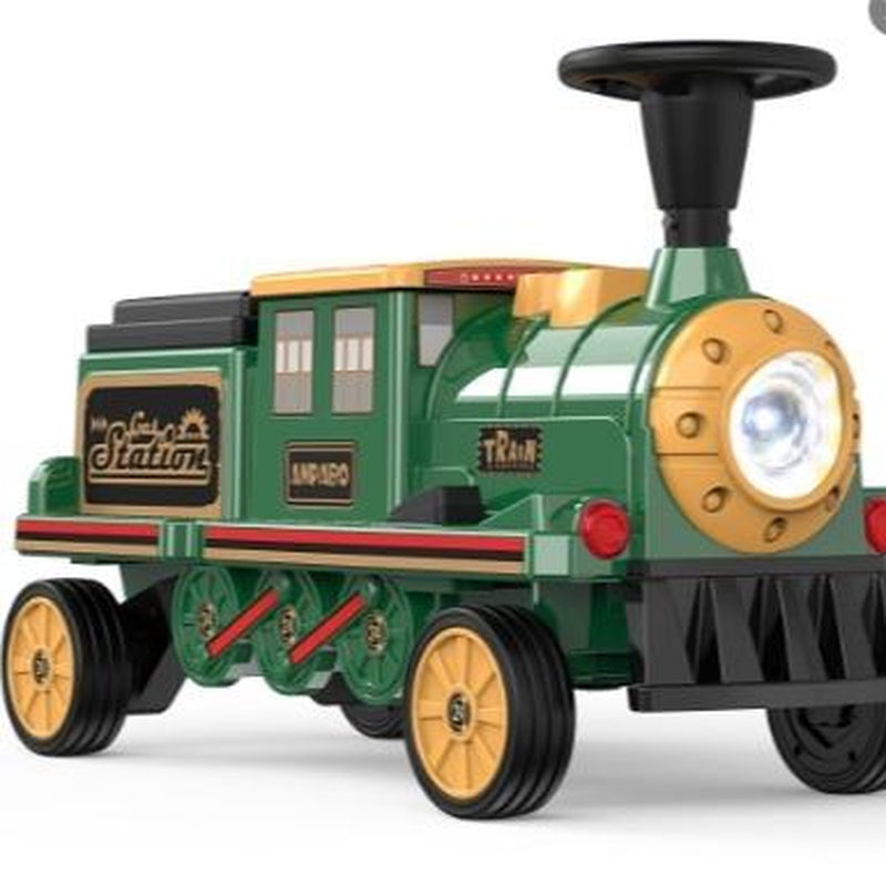 ANPABO 2-Seater Ride on Train Trackless, 12V Ride on Toy with Height-Adjustable Seat, Extra Storage, Headlight, Train Whistle & Music, Electric Car for Kids 3+ (Carriage Not Included)