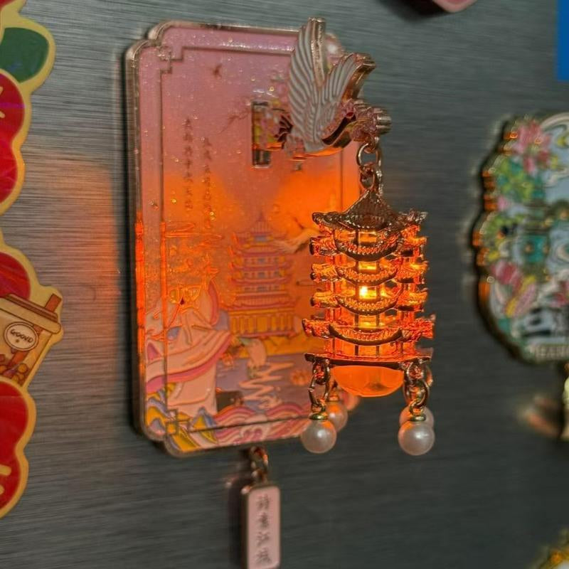 Yellow Crane Tower Luminous Lantern Refrigerator Magnet Pink Crane Dance Streamer Cherry Blossom Metal Magnetic Refrigerator Decoration Electronic Luminous Multifunctional Display Decoration Creative Holiday Fridge Machine Gift Fridge Machine