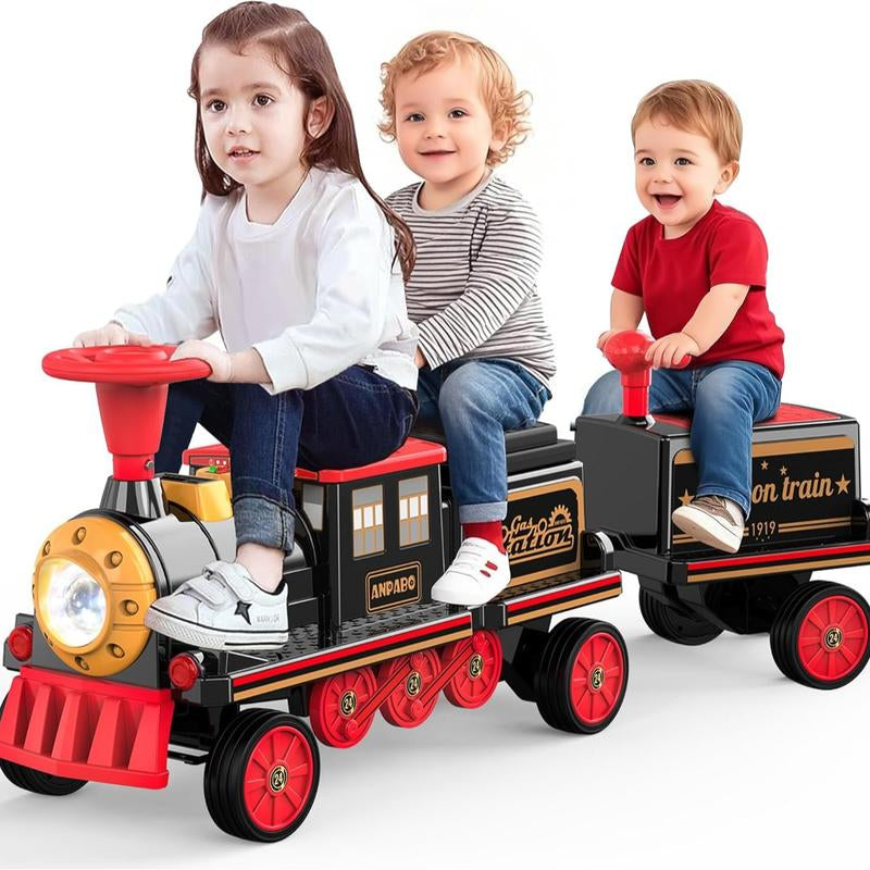 ANPABO 2-Seater Ride on Train Trackless, 12V Ride on Toy with Height-Adjustable Seat, Extra Storage, Headlight, Train Whistle & Music, Electric Car for Kids 3+ (Carriage Not Included)