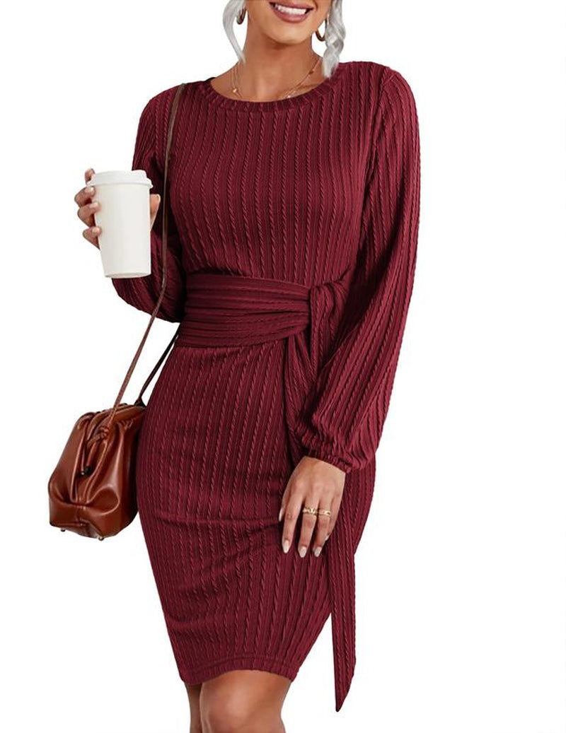 HOTOUCH Women'S Casual Knit Dress Long Lantern Sleeve Fall Bodycon Dress Crewneck Tie Waist Rib Knitted Sweater Dresses Lirika Matoshi