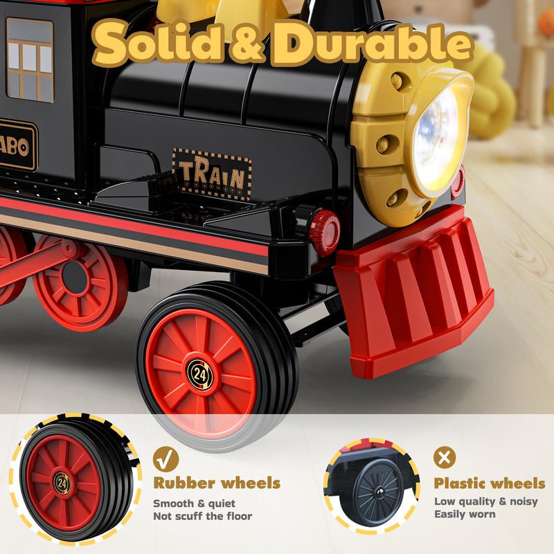 ANPABO 2-Seater Ride on Train Trackless, 12V Ride on Toy with Height-Adjustable Seat, Extra Storage, Headlight, Train Whistle & Music, Electric Car for Kids 3+ (Carriage Not Included)