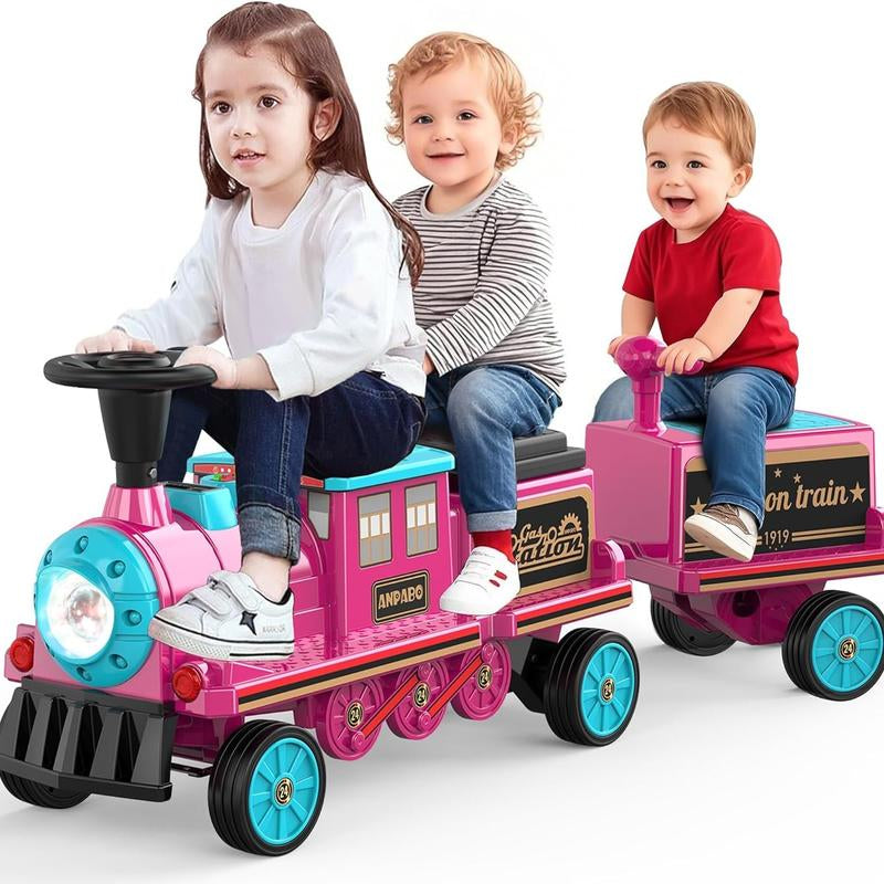 ANPABO 2-Seater Ride on Train Trackless, 12V Ride on Toy with Height-Adjustable Seat, Extra Storage, Headlight, Train Whistle & Music, Electric Car for Kids 3+ (Carriage Not Included)