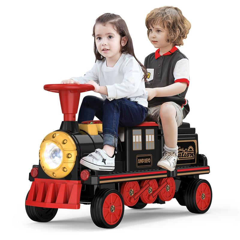 ANPABO 2-Seater Ride on Train Trackless, 12V Ride on Toy with Height-Adjustable Seat, Extra Storage, Headlight, Train Whistle & Music, Electric Car for Kids 3+ (Carriage Not Included)