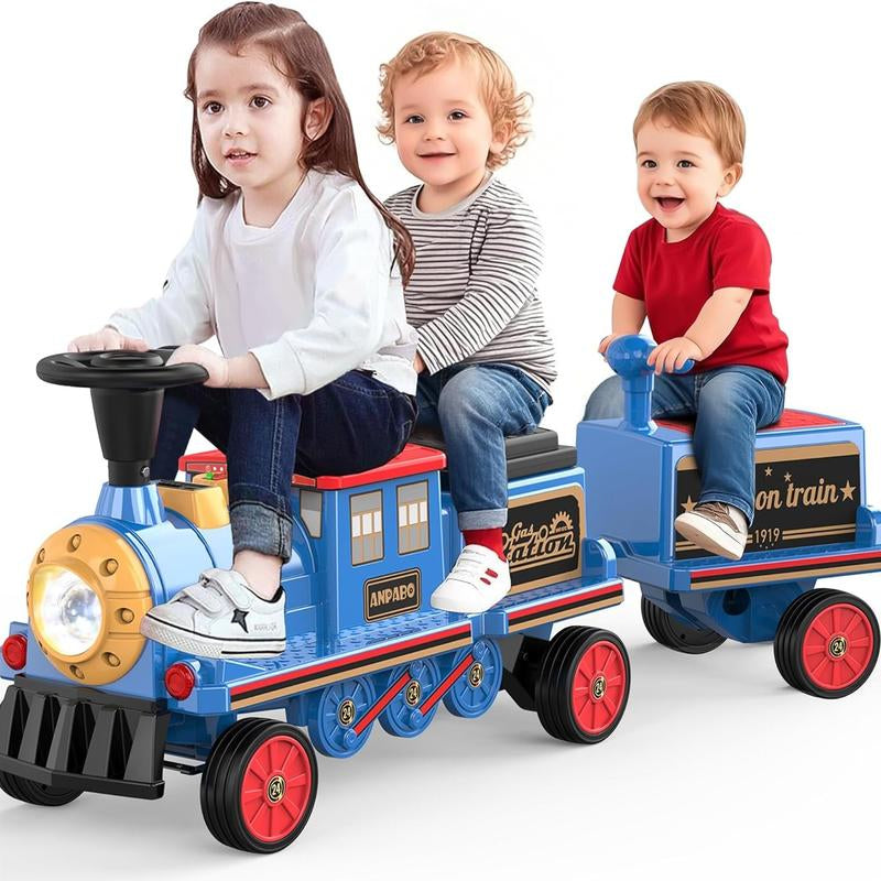ANPABO 2-Seater Ride on Train Trackless, 12V Ride on Toy with Height-Adjustable Seat, Extra Storage, Headlight, Train Whistle & Music, Electric Car for Kids 3+ (Carriage Not Included)