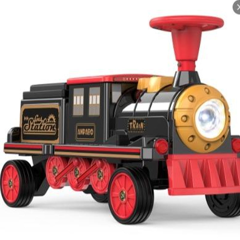 ANPABO 2-Seater Ride on Train Trackless, 12V Ride on Toy with Height-Adjustable Seat, Extra Storage, Headlight, Train Whistle & Music, Electric Car for Kids 3+ (Carriage Not Included)