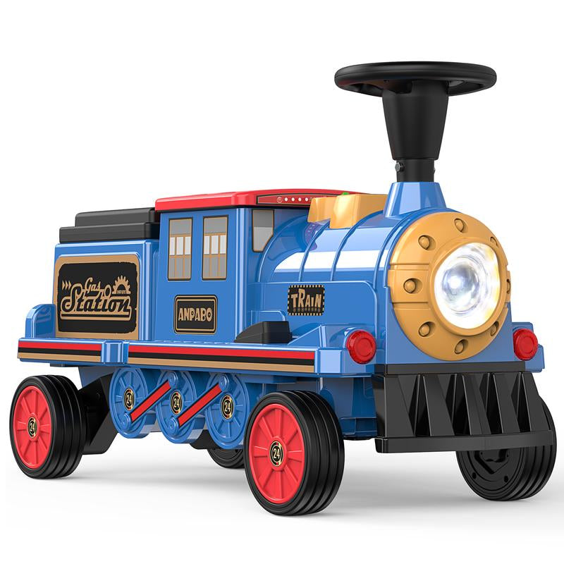 ANPABO 2-Seater Ride on Train Trackless, 12V Ride on Toy with Height-Adjustable Seat, Extra Storage, Headlight, Train Whistle & Music, Electric Car for Kids 3+ (Carriage Not Included)