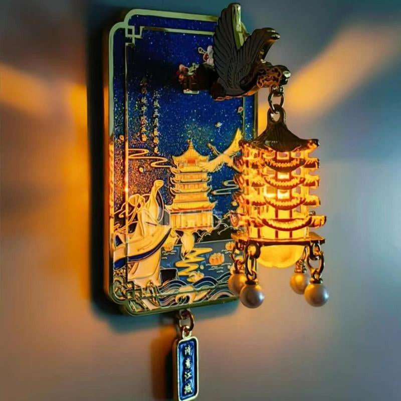 Yellow Crane Tower Luminous Lantern Refrigerator Magnet Pink Crane Dance Streamer Cherry Blossom Metal Magnetic Refrigerator Decoration Electronic Luminous Multifunctional Display Decoration Creative Holiday Fridge Machine Gift Fridge Machine