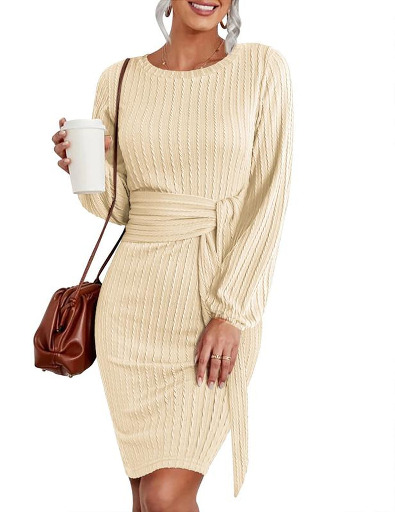 HOTOUCH Women'S Casual Knit Dress Long Lantern Sleeve Fall Bodycon Dress Crewneck Tie Waist Rib Knitted Sweater Dresses Lirika Matoshi