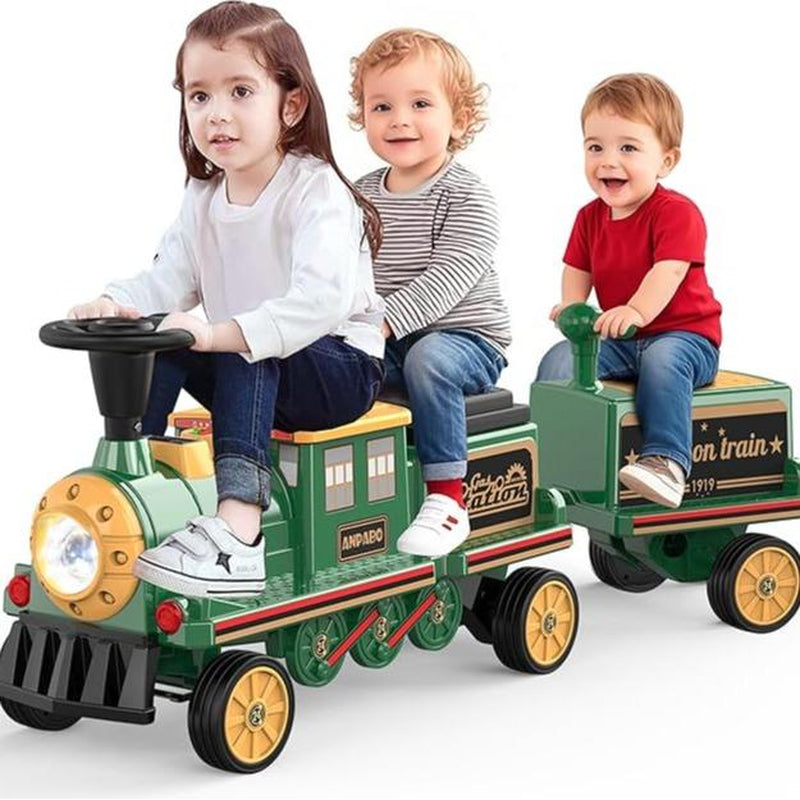 ANPABO 2-Seater Ride on Train Trackless, 12V Ride on Toy with Height-Adjustable Seat, Extra Storage, Headlight, Train Whistle & Music, Electric Car for Kids 3+ (Carriage Not Included)