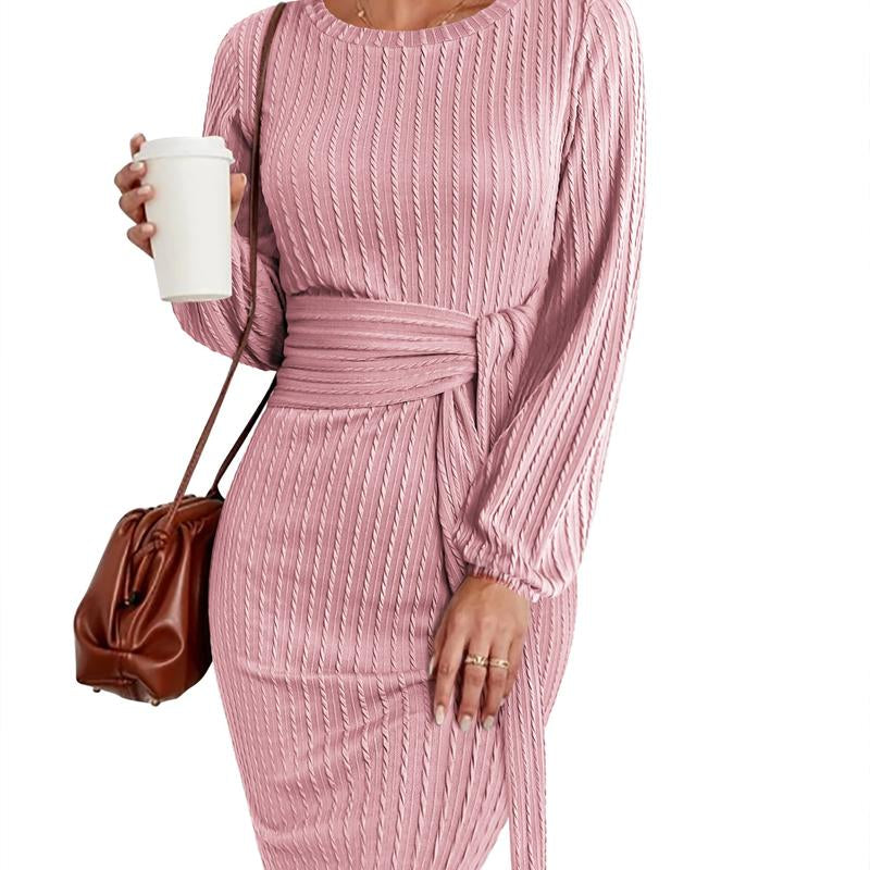 HOTOUCH Women'S Casual Knit Dress Long Lantern Sleeve Fall Bodycon Dress Crewneck Tie Waist Rib Knitted Sweater Dresses Lirika Matoshi