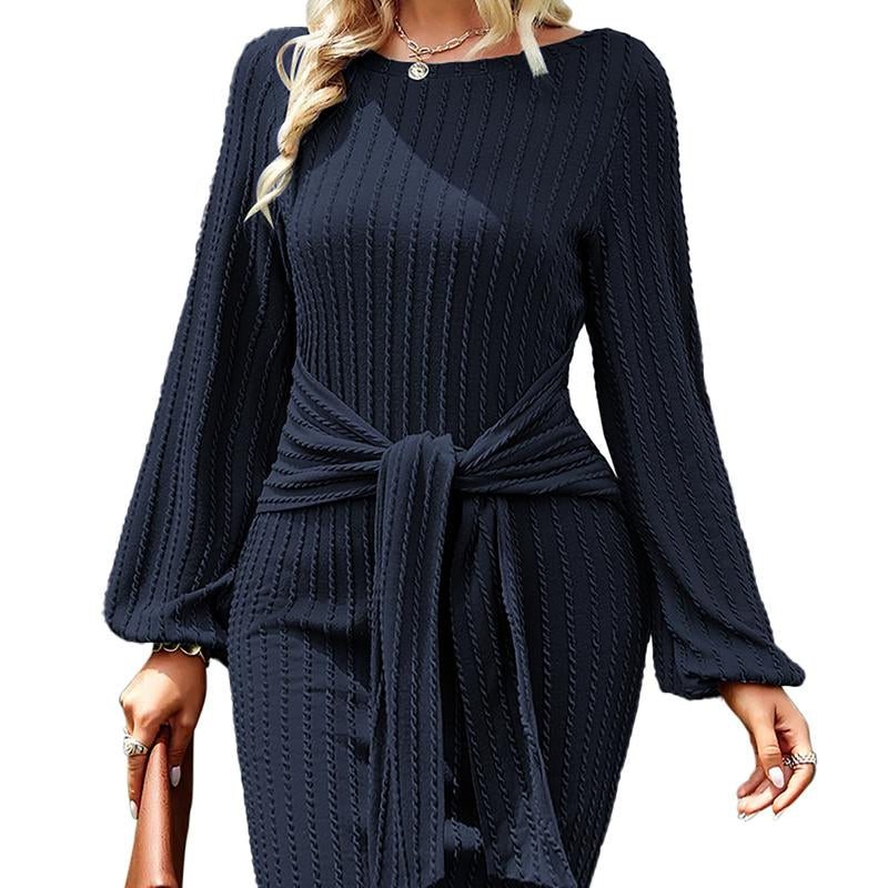 HOTOUCH Women'S Casual Knit Dress Long Lantern Sleeve Fall Bodycon Dress Crewneck Tie Waist Rib Knitted Sweater Dresses Lirika Matoshi