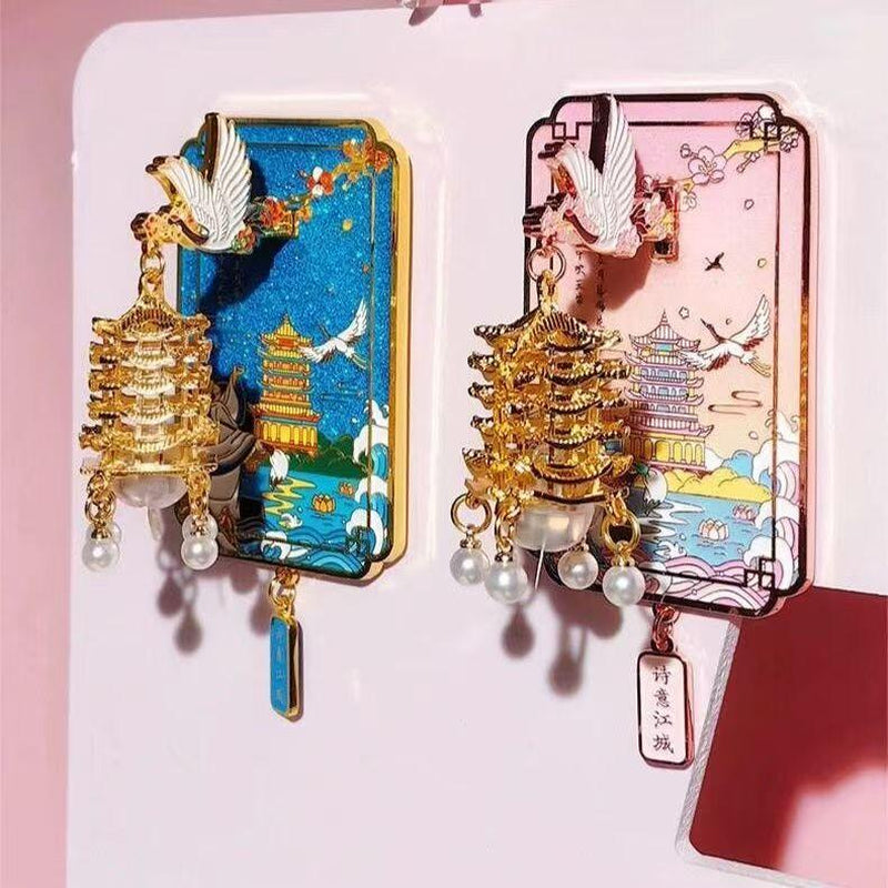 Yellow Crane Tower Luminous Lantern Refrigerator Magnet Pink Crane Dance Streamer Cherry Blossom Metal Magnetic Refrigerator Decoration Electronic Luminous Multifunctional Display Decoration Creative Holiday Fridge Machine Gift Fridge Machine