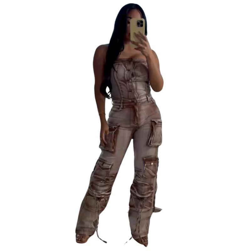 Joanna Abstract Print & Wash Fitted Sleeveless Strapless Jumpsuit for Women'S Wear Overalls Womenswear Elegant Everyday