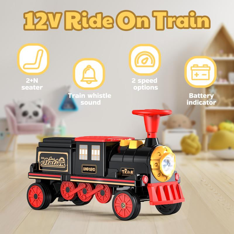 ANPABO 2-Seater Ride on Train Trackless, 12V Ride on Toy with Height-Adjustable Seat, Extra Storage, Headlight, Train Whistle & Music, Electric Car for Kids 3+ (Carriage Not Included)