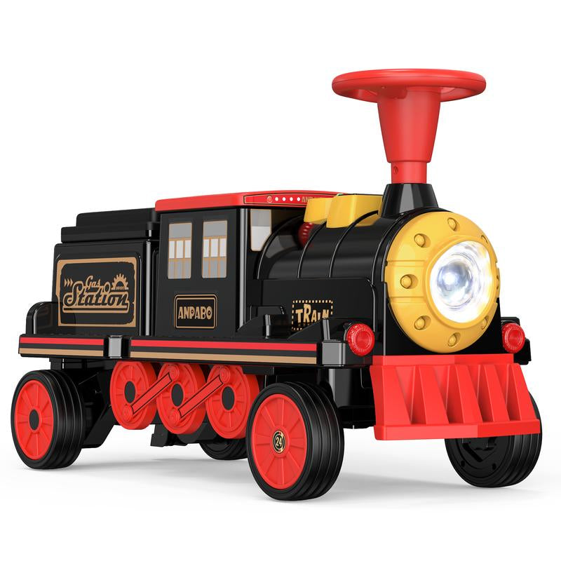 ANPABO 2-Seater Ride on Train Trackless, 12V Ride on Toy with Height-Adjustable Seat, Extra Storage, Headlight, Train Whistle & Music, Electric Car for Kids 3+ (Carriage Not Included)