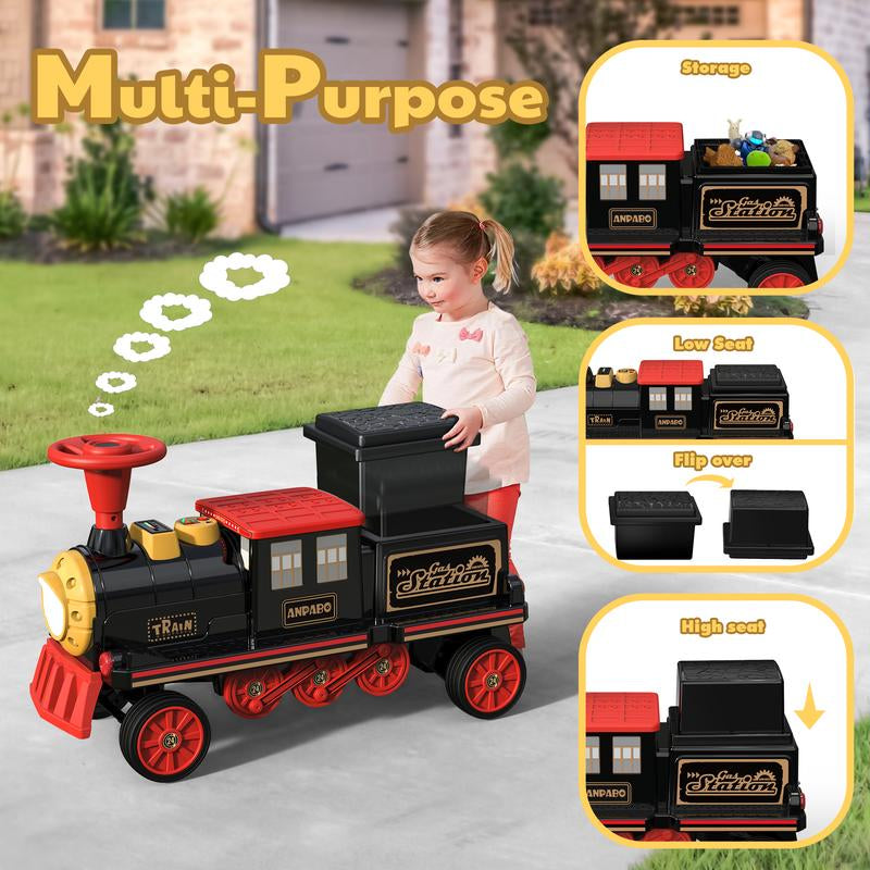 ANPABO 2-Seater Ride on Train Trackless, 12V Ride on Toy with Height-Adjustable Seat, Extra Storage, Headlight, Train Whistle & Music, Electric Car for Kids 3+ (Carriage Not Included)