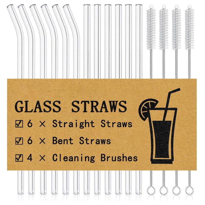Set (12 Straws + 4 Brush) Reusable Glass Straws, Size 8.5''X10Mm, Heat Resistant High Temperature Washable Reusable Fruit Drinking Straws for Smoothies, Cocktail and Drinks