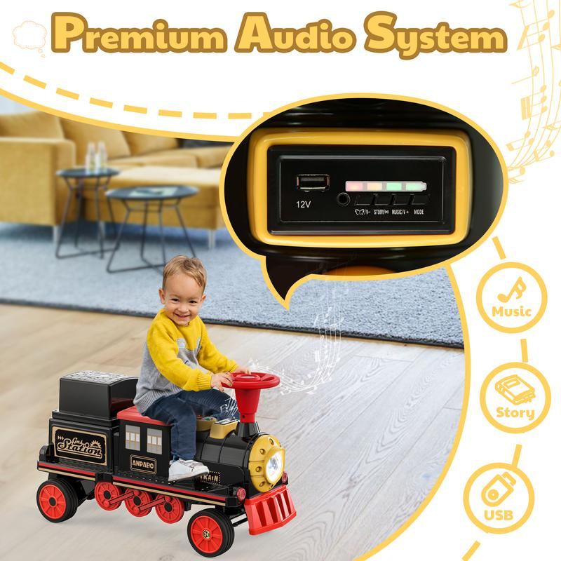 ANPABO 2-Seater Ride on Train Trackless, 12V Ride on Toy with Height-Adjustable Seat, Extra Storage, Headlight, Train Whistle & Music, Electric Car for Kids 3+ (Carriage Not Included)