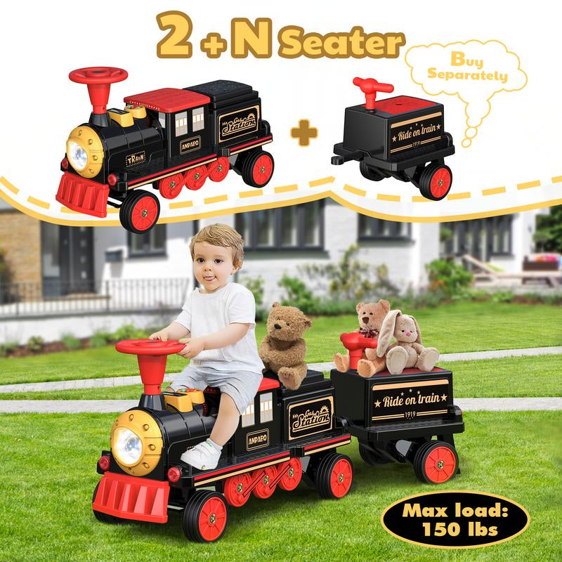 ANPABO 2-Seater Ride on Train Trackless, 12V Ride on Toy with Height-Adjustable Seat, Extra Storage, Headlight, Train Whistle & Music, Electric Car for Kids 3+ (Carriage Not Included)