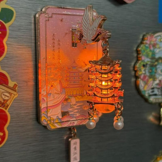 Yellow Crane Tower Luminous Lantern Refrigerator Magnet Pink Crane Dance Streamer Cherry Blossom Metal Magnetic Refrigerator Decoration Electronic Luminous Multifunctional Display Decoration Creative Holiday Fridge Machine Gift Fridge Machine