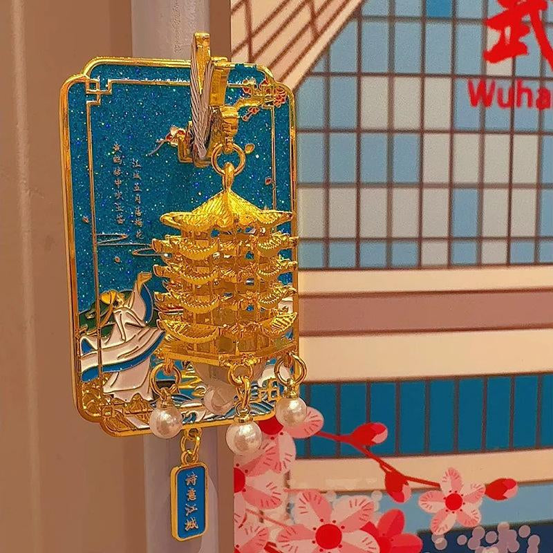Yellow Crane Tower Luminous Lantern Refrigerator Magnet Pink Crane Dance Streamer Cherry Blossom Metal Magnetic Refrigerator Decoration Electronic Luminous Multifunctional Display Decoration Creative Holiday Fridge Machine Gift Fridge Machine