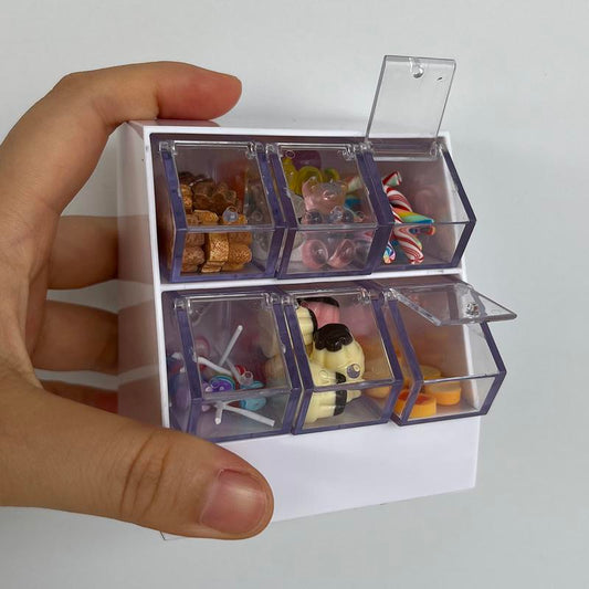 Miniature Candy Display Countertop Showcase 1:12 Scale- Retail Dessert Storage Cabinet with Tiered Shelves, Desk & Dollhouse