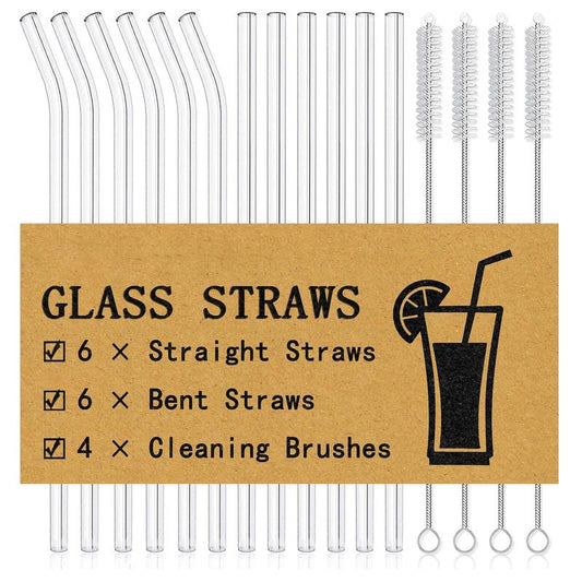 Set (12 Straws + 4 Brush) Reusable Glass Straws, Size 8.5''X10Mm, Heat Resistant High Temperature Washable Reusable Fruit Drinking Straws for Smoothies, Cocktail and Drinks
